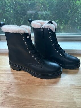 kate spade Black Lace-Up Faux Fur Collar Combat Boots jemma